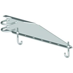 A metal shelf with two hooks hanging from it.