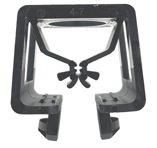 A black plastic frame with two clips attached to it.